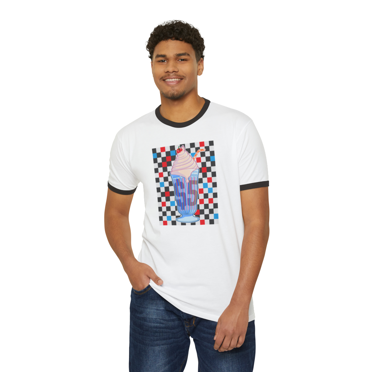 Milkshake (checkers) - Unisex Cotton Ringer T-Shirt